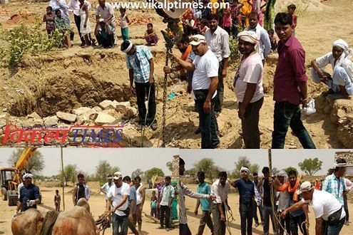 cow trouble fell down well difficulty save help JCB machine