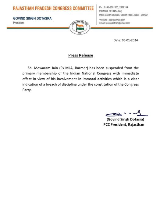 Mevaram Jain Suspended Congress Party