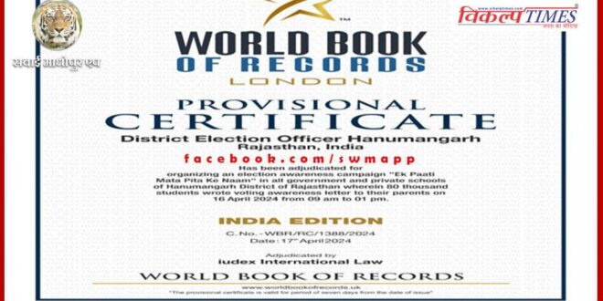 World record in the name of Hanumangarh, World Book of Records, Vot Pati got provisional certificate from London