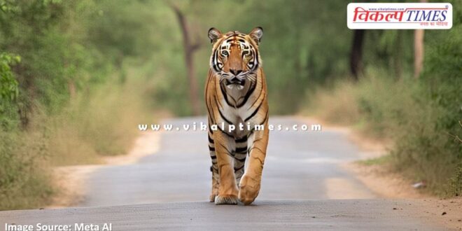 Continuous movement of tigress Sultana on Ganesh temple road Sawai Madhopur