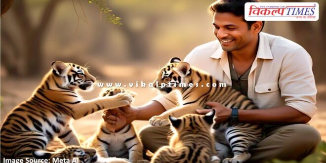 Man playing with newborn cubs of tigress in ranthambore tiger reserve