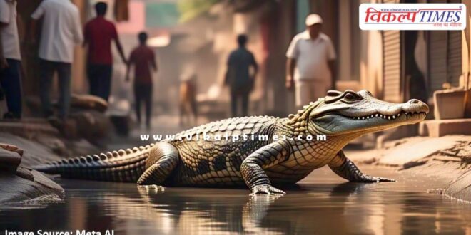 Crocodile came out of the canal and onto the road in kota