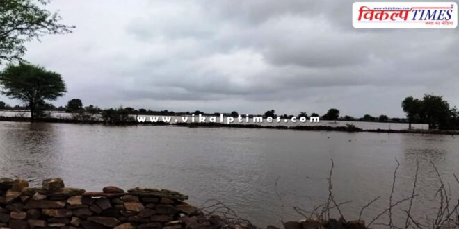 Fields filled with water after rain in kota area