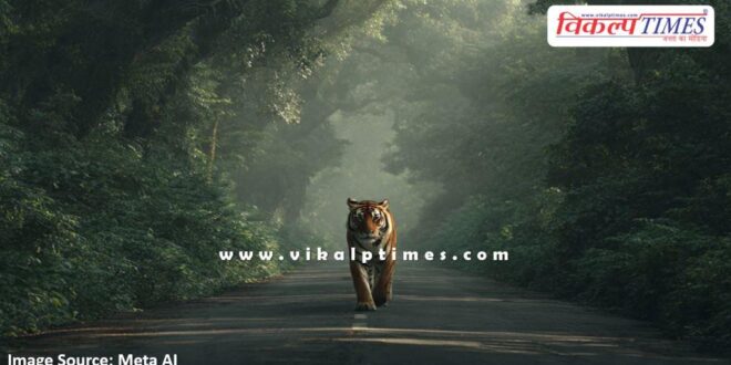 The tiger came out of the forest and reached the road in sawai madhopur